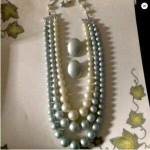 Vintage Three Strand Pearl Tone Matte` Blue Faux Pearl Necklace with Earrings